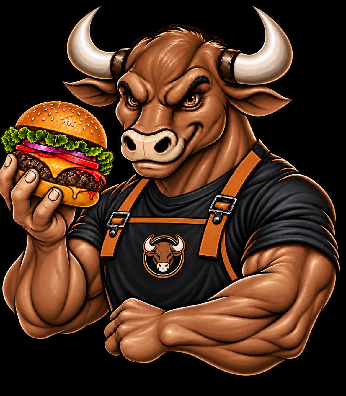 Dino der Bulle, das Maskottchen von Dinero's: ein Stier mit Schürze, der einen Burger präsentiert